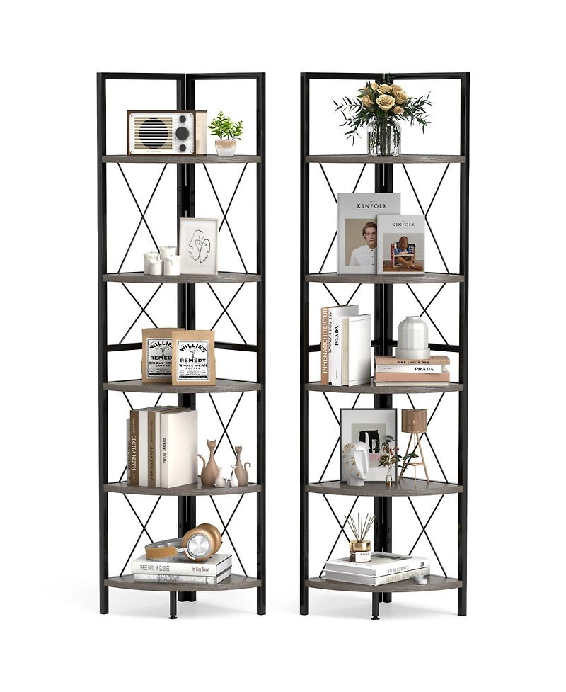 Gymax 2 Piece 5 tier Corner Display Rack Corner Ladder Bookshelf with Sturdy Metal Frame