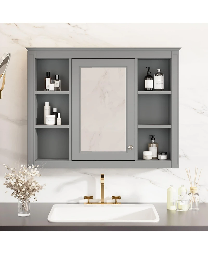 Rainsken 35" x 27.5" Wall Mounted Bathroom Storage Cabinet with Adjustable Shelves and Mirror