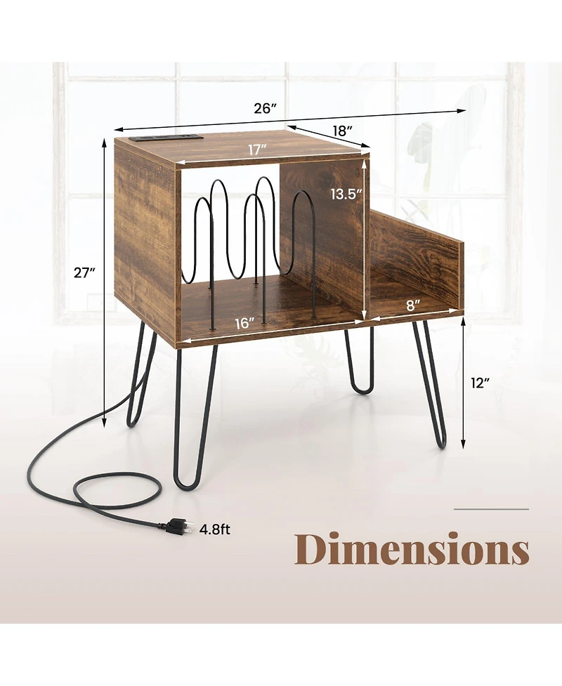 sumyeg Mid-century Record Player Stand with Power Outlet and Vinyl Divider