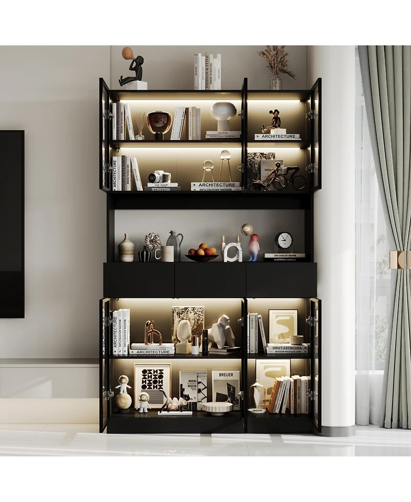 Famapy Bookshelf/Pantry with Glass Door and Led Lights for Living Room/Kitchen