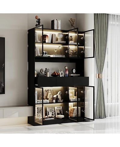 Famapy Bookshelf/Pantry with Glass Door and Led Lights for Living Room/Kitchen