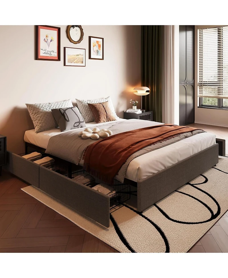 gaomon Queen Platform Bed with 4 Drawers, Linen Upholstered