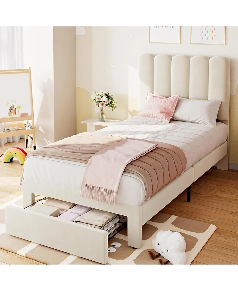 gaomon Velvet Platform Bed with Drawer, Wave Headboard