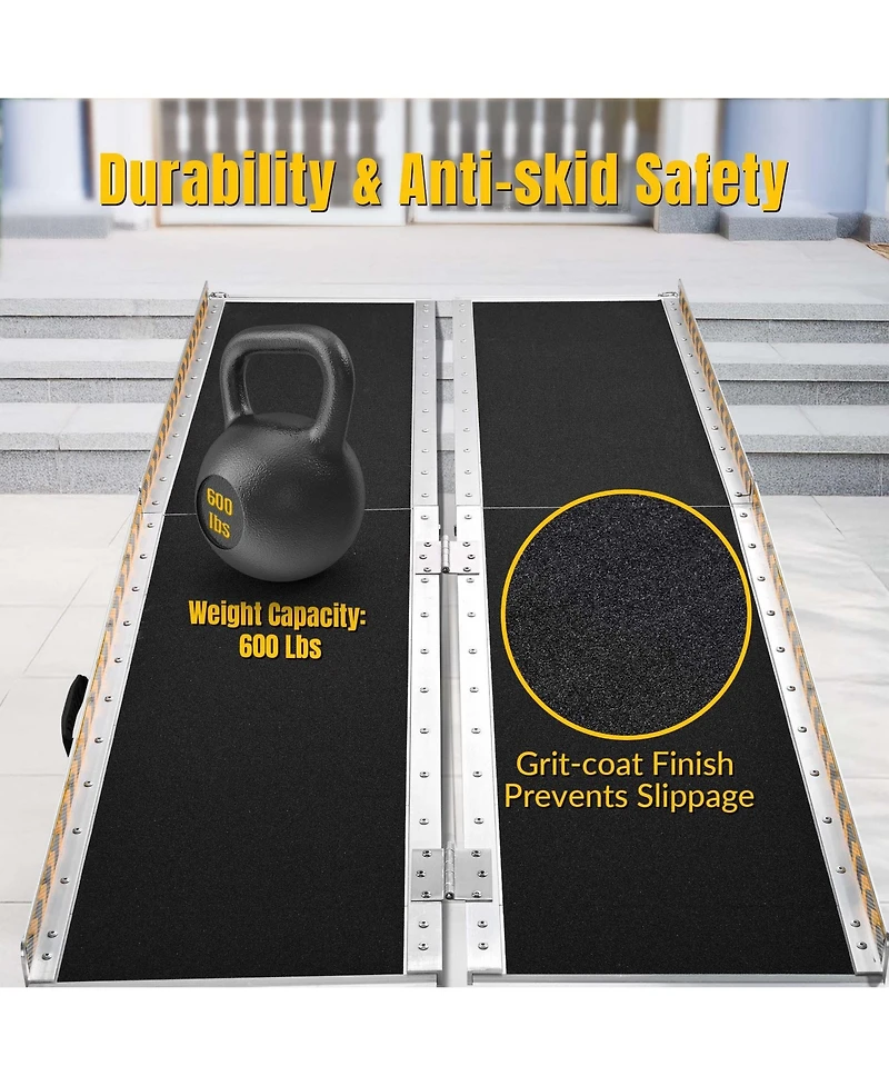 Yescom Portable Wheelchair Ramp Aluminum 6FT Folding Anti-slip 600LBS Limit for Threshold Doorways