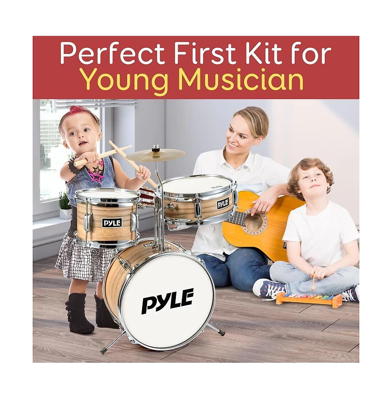 Pyle 3-Piece Kids/Junior Drum Set - Includes Bass Drum, Tom, Snare, Cymbal, Throne, and Sticks, Natural Finish (PDRMKIT72N)