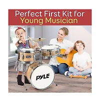 Pyle 3-Piece Kids/Junior Drum Set - Includes Bass Drum, Tom, Snare, Cymbal, Throne, and Sticks, Natural Finish (PDRMKIT72N)