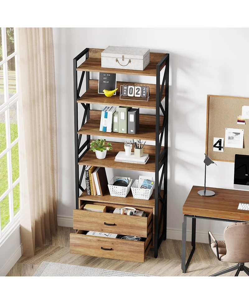 Slickblue 70.86 Inch Industrial Bookshelf with 5 Tier Shelves and 2 Drawers