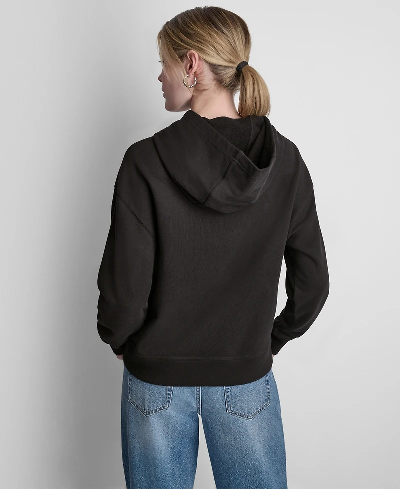 Dkny Jeans Women's Long-Sleeve Big Apple Rhinestone Flocking Logo Hooded Sweatshirt