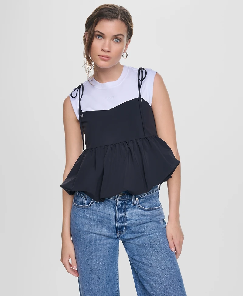 Dkny Jeans Women's Nylon-Blend Tied Strap Peplum Tank Top