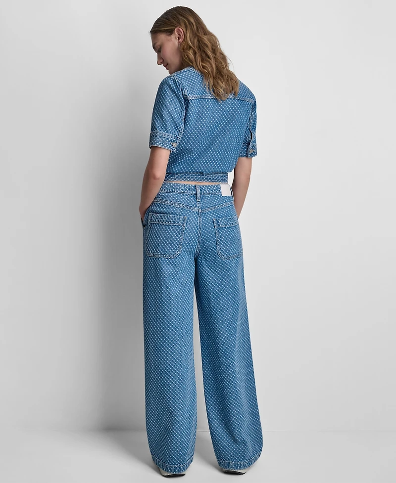 Dkny Jeans Women's Cropped Patch Pocket Short-Sleeve Boucle Denim Shirt Jacket