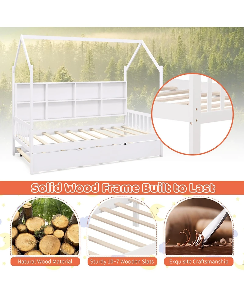 Gymax Twin House Daybed with Trundle Wooden Bed 8 Storage Shelf Compartments
