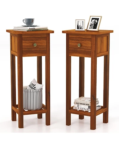 Gymax 2Pieces Solid Wood Side Table Home Rectangular Sofa Side Table with Acacia Wood Top Telephone Table