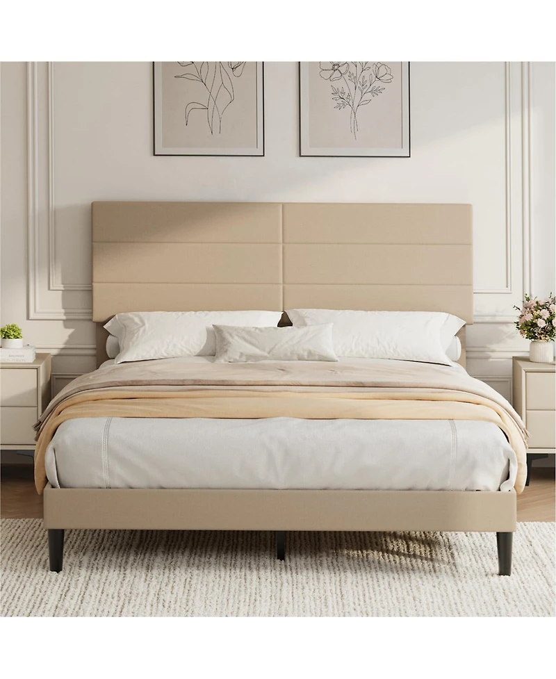 gaomon Upholstered Platform Bed, 6-Grid Linen Headboard