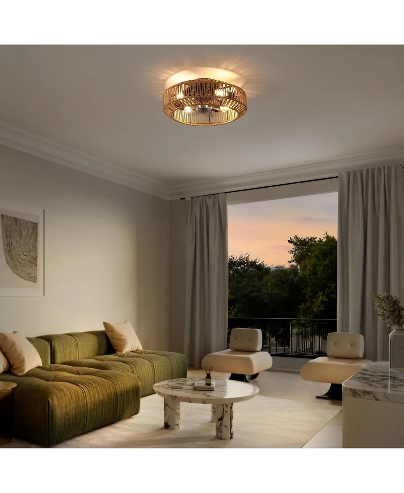 Jonathan Y Rowan 19.5" 4-Light Modern Bohemian 6-Speed Metal/Rattan Mobile-App/Remote-Controlled Lantern Led Ceiling Fan
