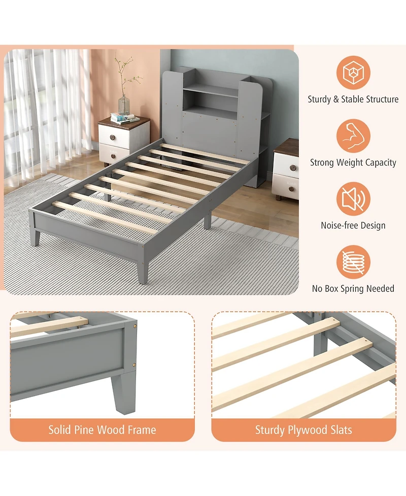 Gymax Twin Size Bed Frame Wooden Platform Bed Kids Bed Frame w/ Bookcase Headboard