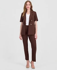 Anne Klein Womens Faux Double Breasted Short Sleeve Jacket Stretch Crepe Hollywood Waist Straight Ankle Pants
