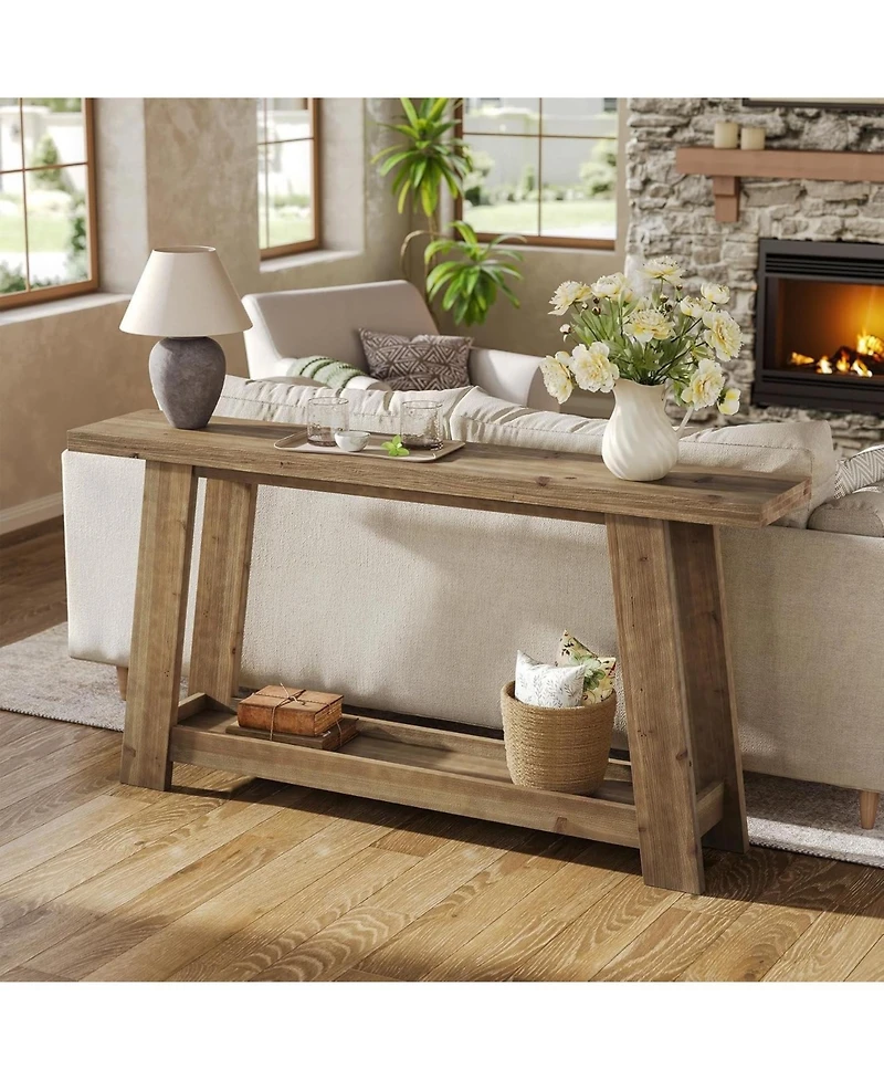 Slickblue Farmhouse Wooden Sofa Console Table with 2-Tier Shelf for Entryway-Light Brown