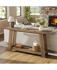 Slickblue Farmhouse Wooden Sofa Console Table with 2-Tier Shelf for Entryway-Light Brown