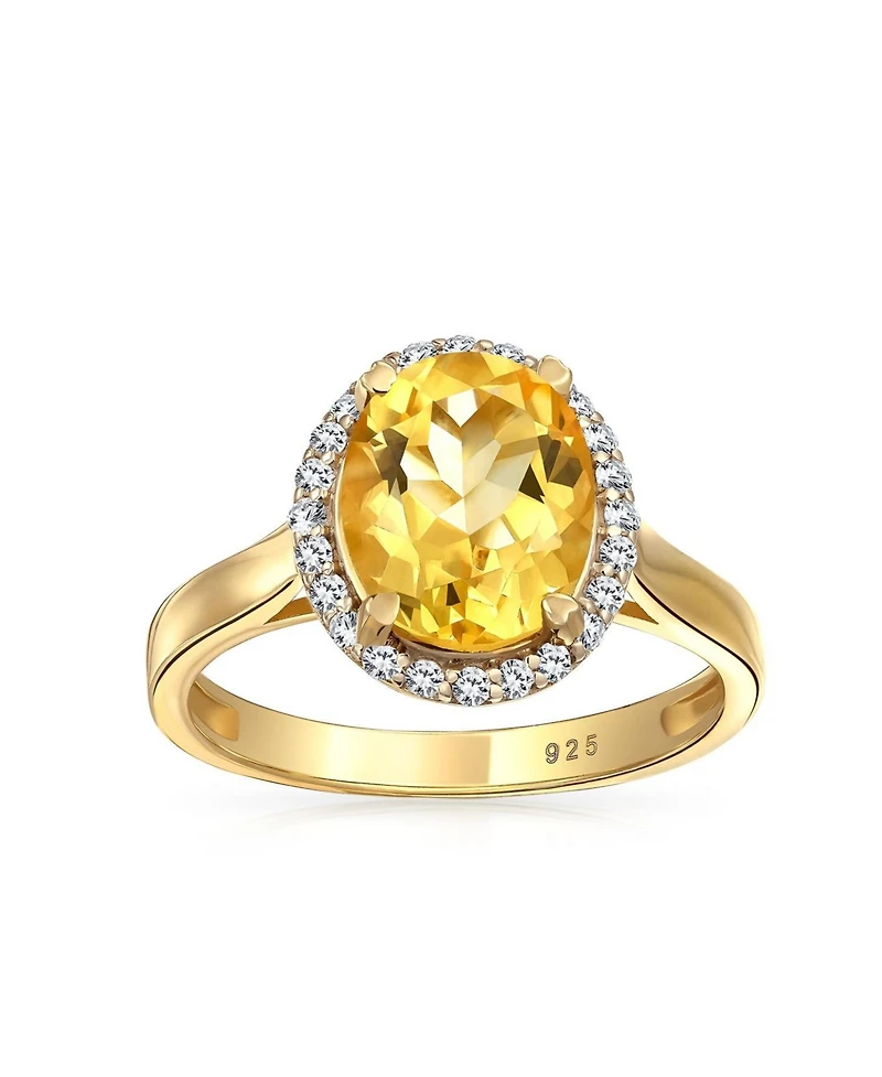 Bling Jewelry Classic Oval Gemstone Halo Statement Ring 3CT Cz Citrine, Zircon14K Gold Plated .925 Sterling Silver