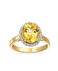 Bling Jewelry Classic Oval Gemstone Halo Statement Ring 3CT Cz Citrine, Zircon14K Gold Plated .925 Sterling Silver