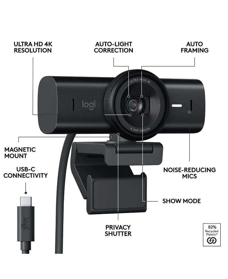 Logitech Mx Brio Ultra Hd 4K Webcam, 1080p 60FPS, Dual Noise-Reducing Mics, Usb-c, Teams/Zoom/Meet, Black
