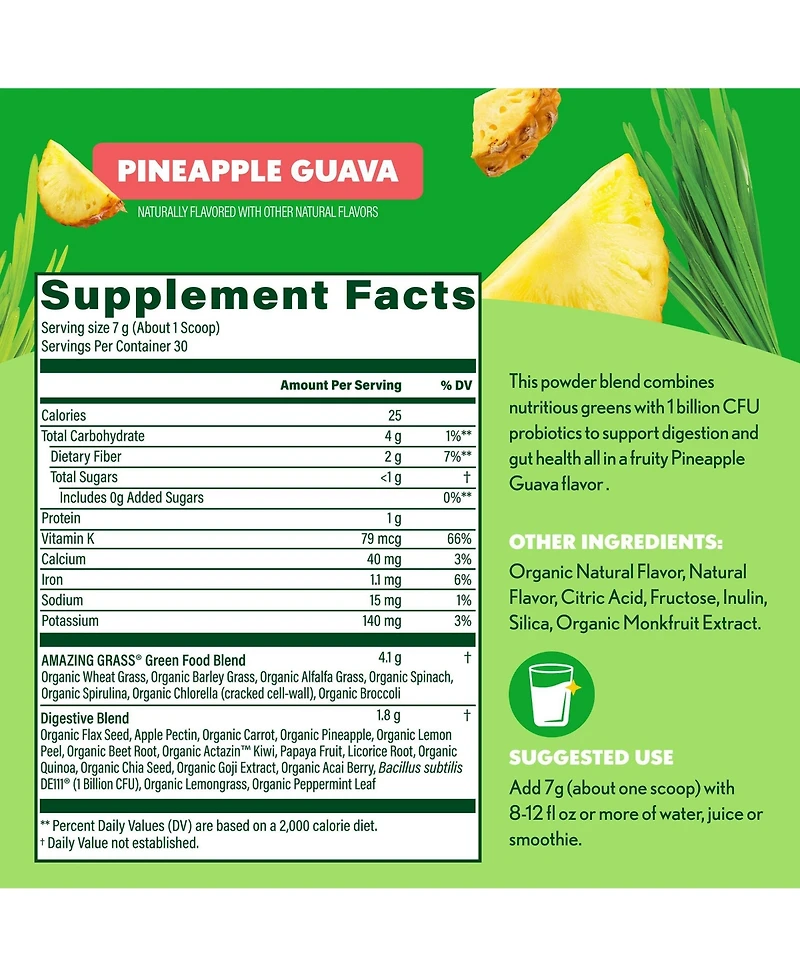 Amazing Grass Greens Blend Digest: Super Greens Powder with Spirulina, Chlorella, Pineapple Guava, Enzymes and Probiotics, 30 Servings