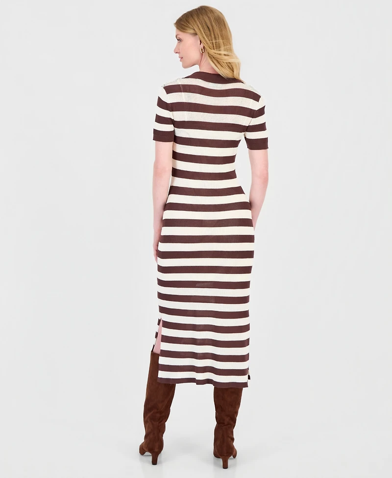 T Tahari Women's Striped Short-Sleeve Polo Midi Dress