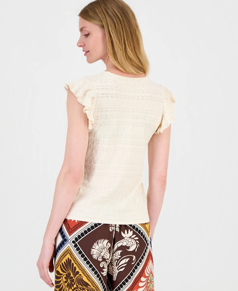 T Tahari Women's Flutter-Sleeve Pointelle-Knit Top
