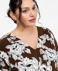 I.n.c. International Concepts Plus Floral-Print Pleated V-Neck Long-Sleeve Top, Macy's Exclusive