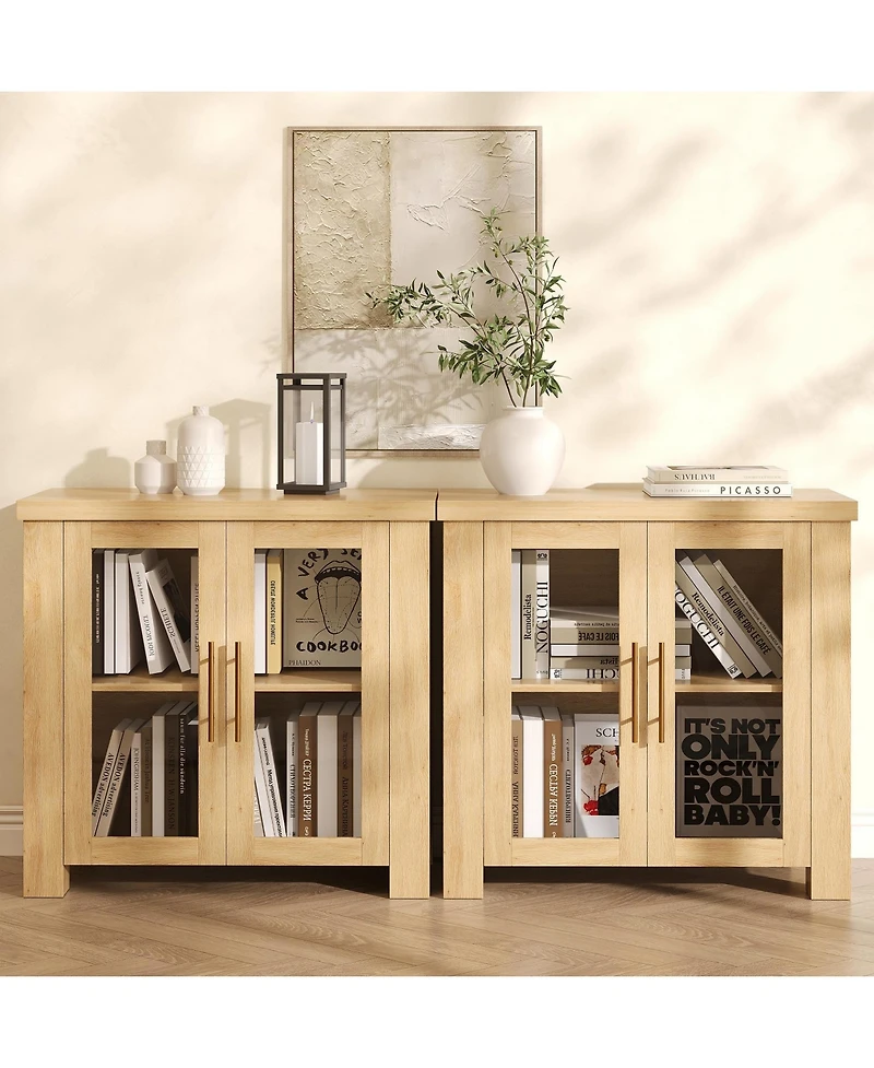 homfan Wooden Sideboard Credenza, Buffet Cabinet with Tempered Glass Doors for Living Room, Dining Room and Kitchen Storage