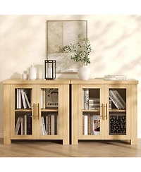 homfan Wooden Sideboard Credenza, Buffet Cabinet with Tempered Glass Doors for Living Room, Dining Room and Kitchen Storage