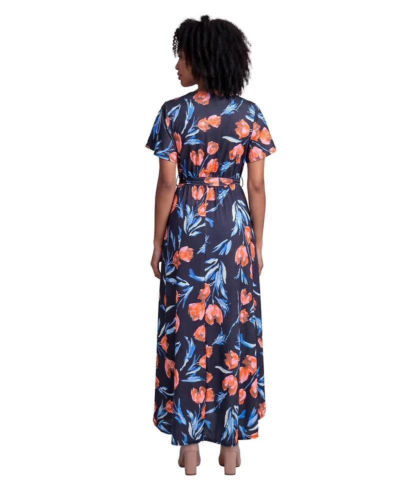 24seven Comfort Apparel Petite Essential Black Floral Print Short-Sleeve Dress