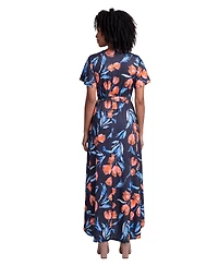 24seven Comfort Apparel Petite Essential Black Floral Print Short-Sleeve Dress