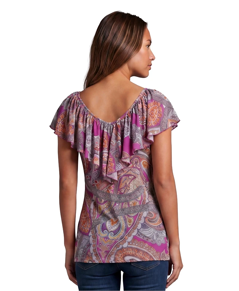 24seven Comfort Apparel Petite Essential Paisley Print V-Neck Top