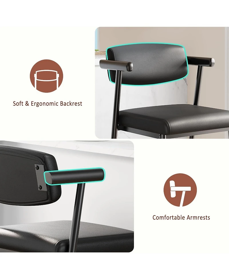 gaomon Set of 8 Rustic Black Bar Stools, 26" Counter Height with Soft Back, Arms and Footrest, Heavy Duty Metal Frame