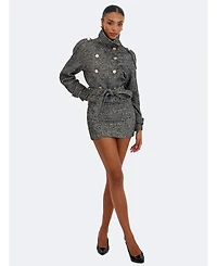 Miss Circle Women's Sadie Black and White Tweed High Collar Belted Mini Jacket