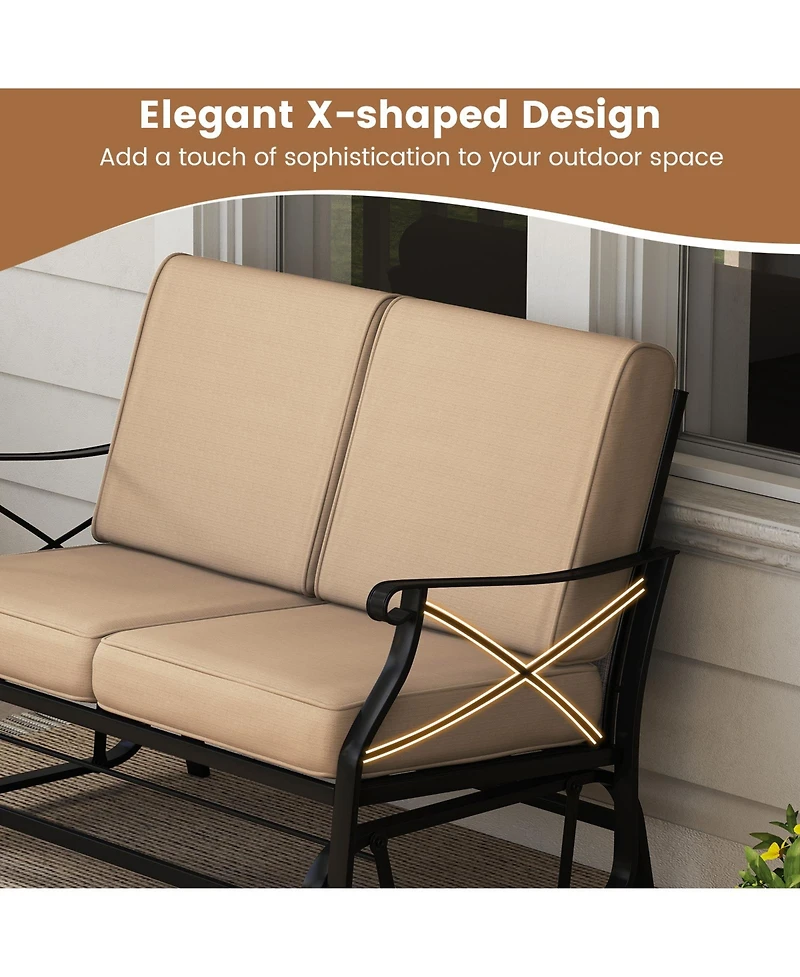 Gymax Outdoor 2-Person Glider Rocking Chair Loveseat with Thick Cushions and Metal Frame
