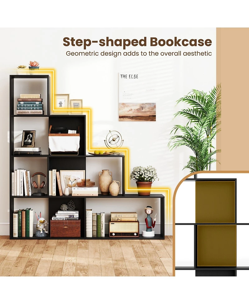 Gymax 4 Tier Bookshelf with 6 Storage Cubes 64 Inch Tall Modern Geometric Stair Bookcase