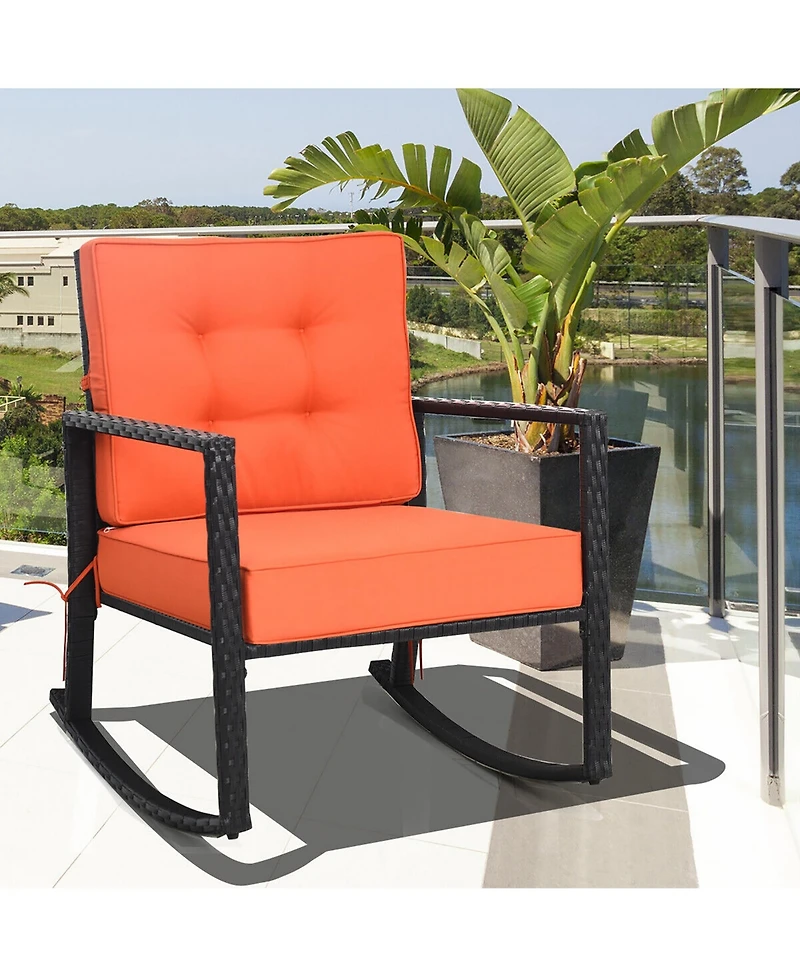 Gymax Outdoor Wicker Rocking Chair Patio Lawn Rattan Single Chair Glider with Cushion
