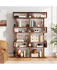 Gymax 2 Piece 6 Tier Bookshelf Geometric Bookcase with Anti Tipping Kits Wooden Display Shelf