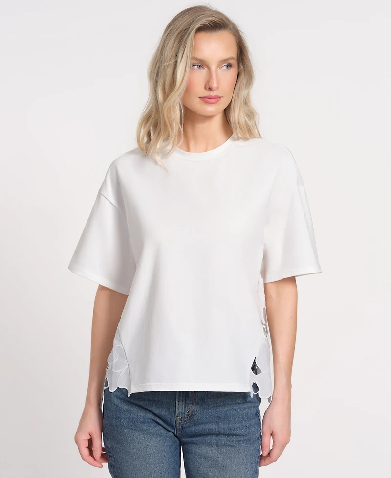 Isaac Mizrahi Women's Eyelet Lace Back Ruffle Top