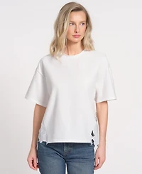 Isaac Mizrahi Women's Eyelet Lace Back Ruffle Top