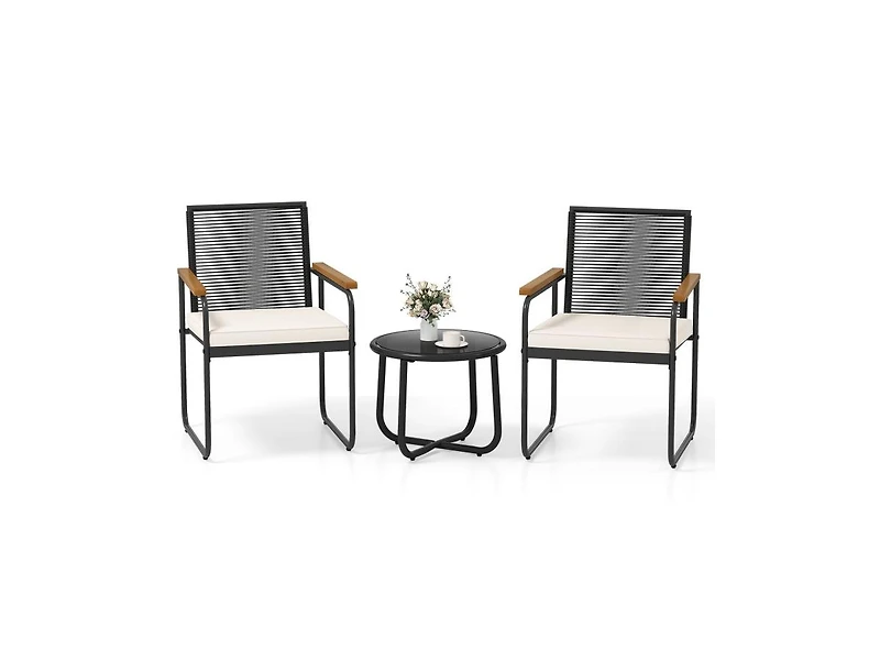 Boyel Living 3 Pieces Patio Furniture Set Pe Rattan Porch Chairs with Round Tempered Glass Top Table