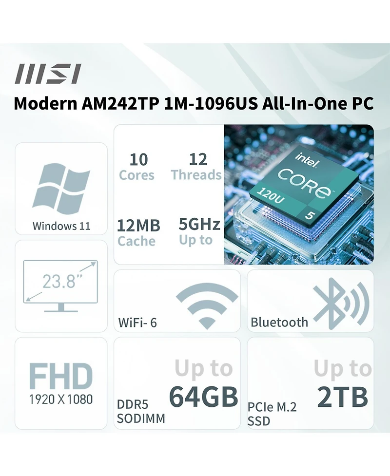 Msi Modern AM242TP 23.8" All-in-One Intel Core 5 16GB Ram Intel Graphics 1TB Ssd Storage Windows 11 Home 60Hz