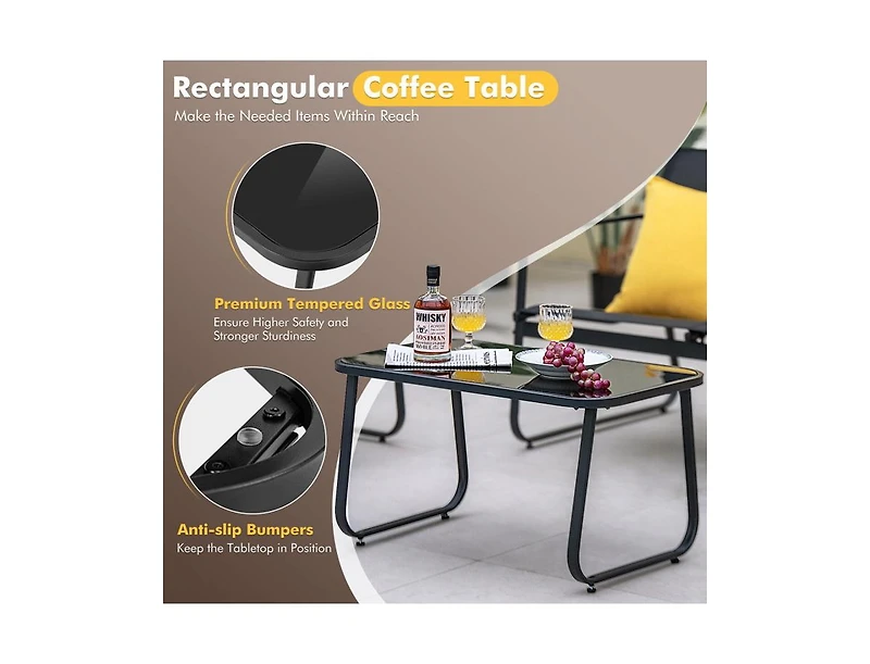 Boyel Living 4 Pieces Outdoor Conversation Set with Tempered Glass Coffee Table