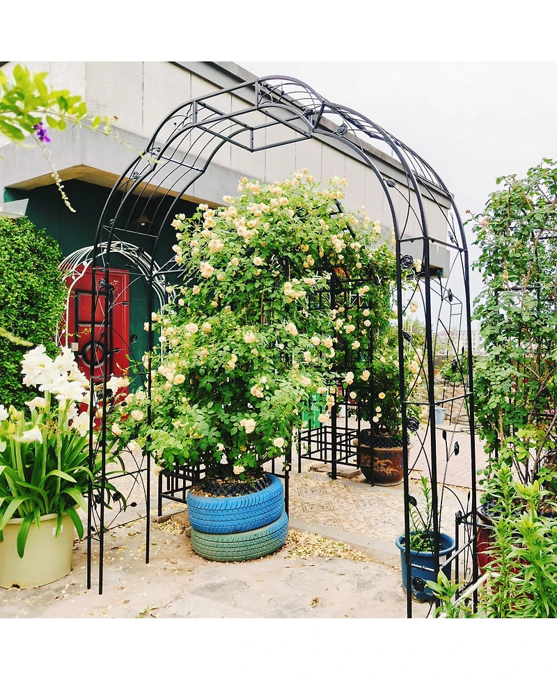 Clihome Metal Garden Arch with Gate 79.5" Wide x 86.6" High Climbing Plants Support Rose Arch Outdoor
