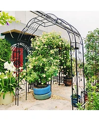 Clihome Metal Garden Arch with Gate 79.5" Wide x 86.6" High Climbing Plants Support Rose Arch Outdoor