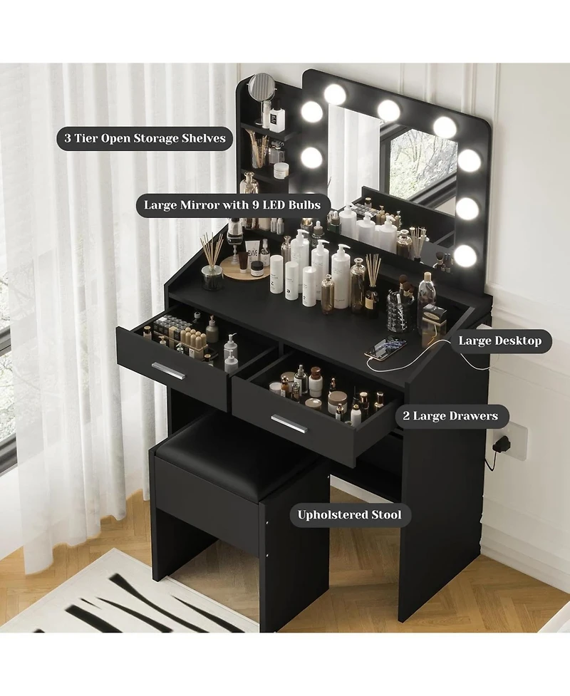 gaomon Modern Vanity Desk with Large Mirror, Adjustable Led Lights, Power Outlet, 2 Drawers & Cushioned Stool