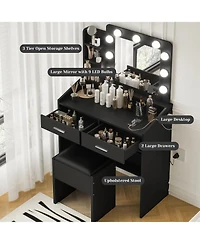 gaomon Modern Vanity Desk with Large Mirror, Adjustable Led Lights, Power Outlet, 2 Drawers & Cushioned Stool