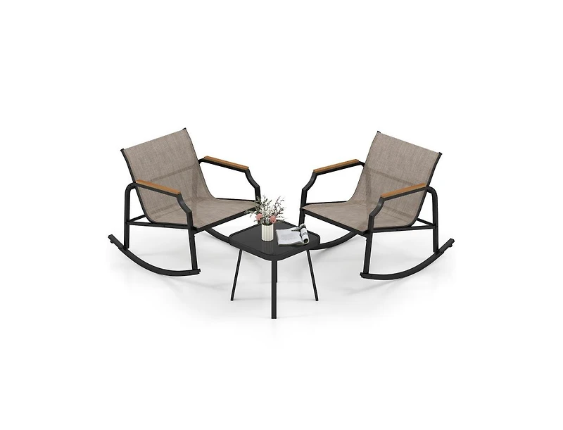Boyel Living 3 Piece Patio Rocking Bistro Set with Tempered Glass Coffee Table and Armrests